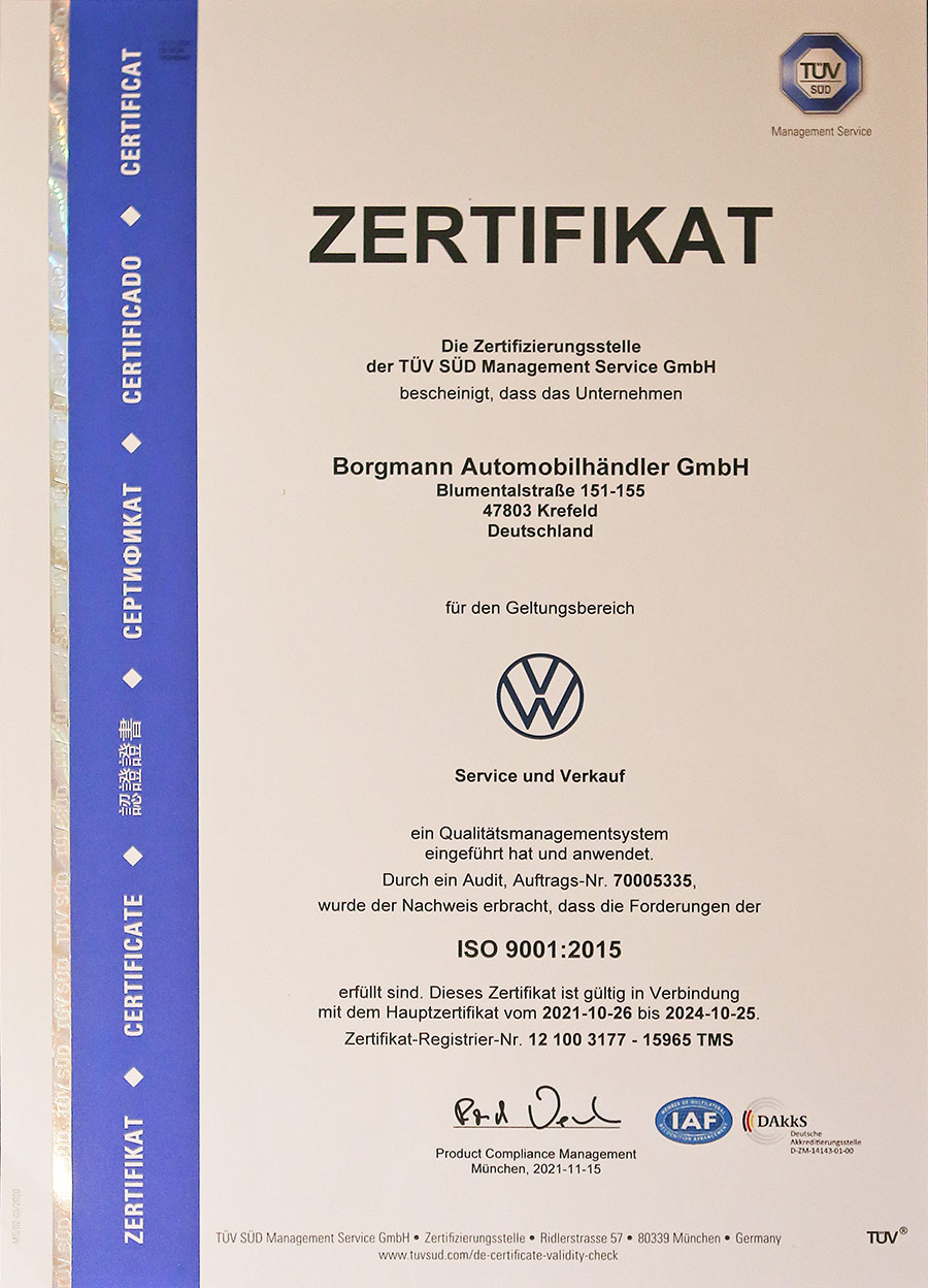 Zertifikat ISO Volkswagen Borgmann Krefeld