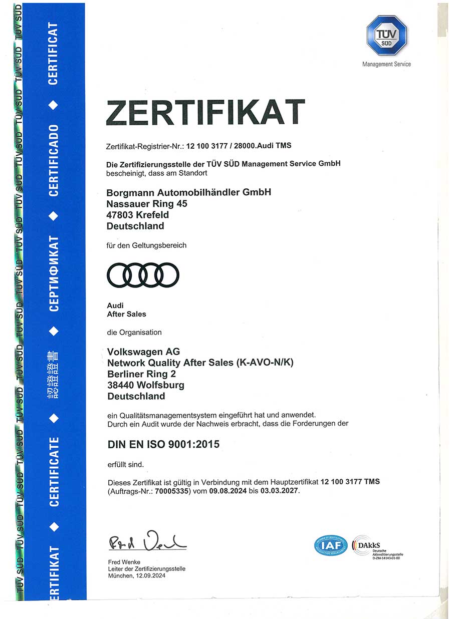 ISO-Zertifikat Audi Service ISO-Zertifikat Audi Service