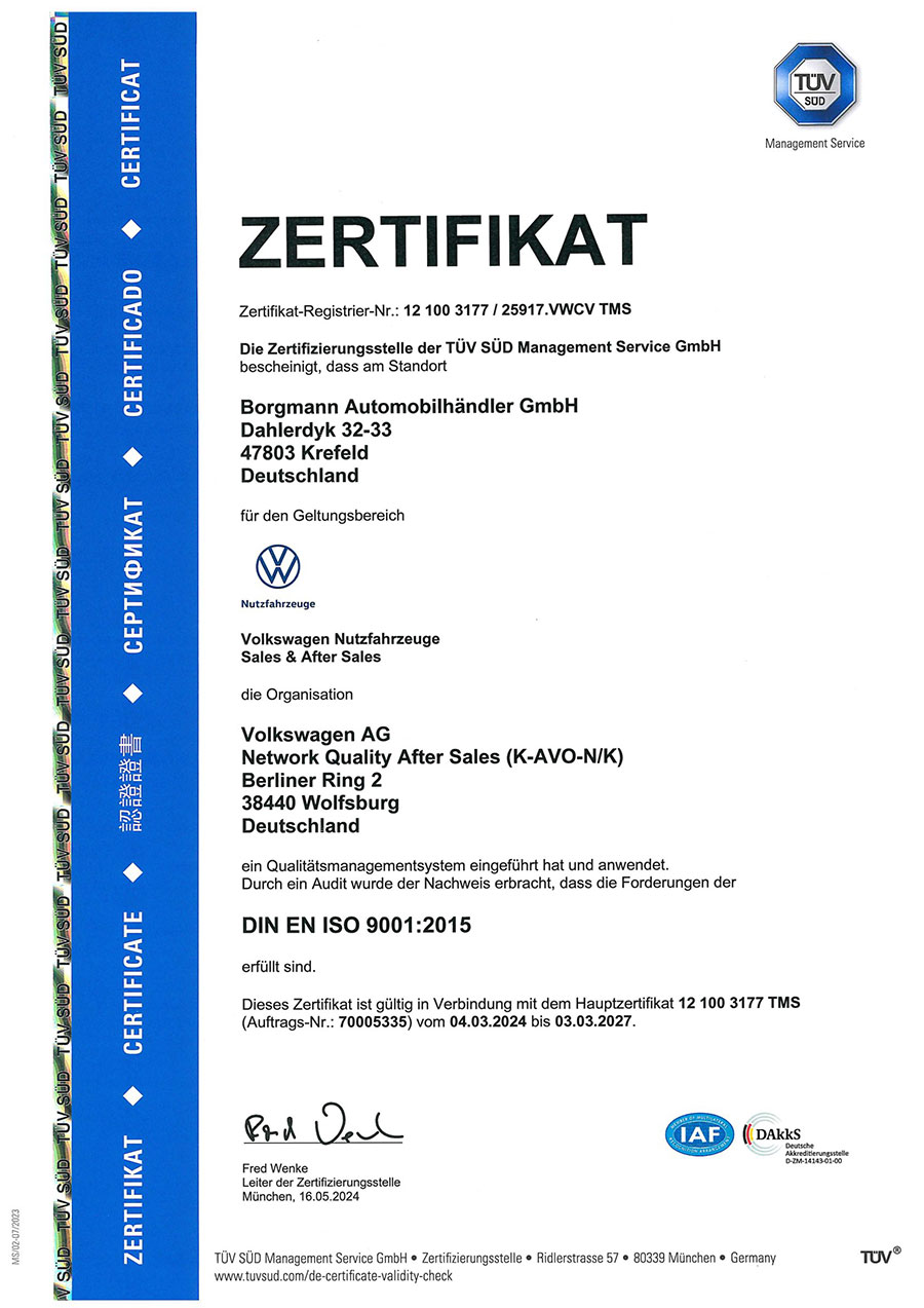 ISO-Zertifikat VW Nutzfahrzeuge