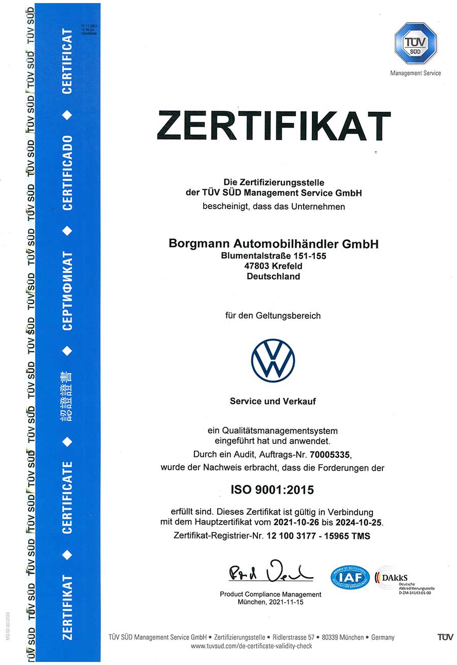 ISO-Zertifikat VW Service und Verkauf ISO-Zertifikat VW Service und Verkauf