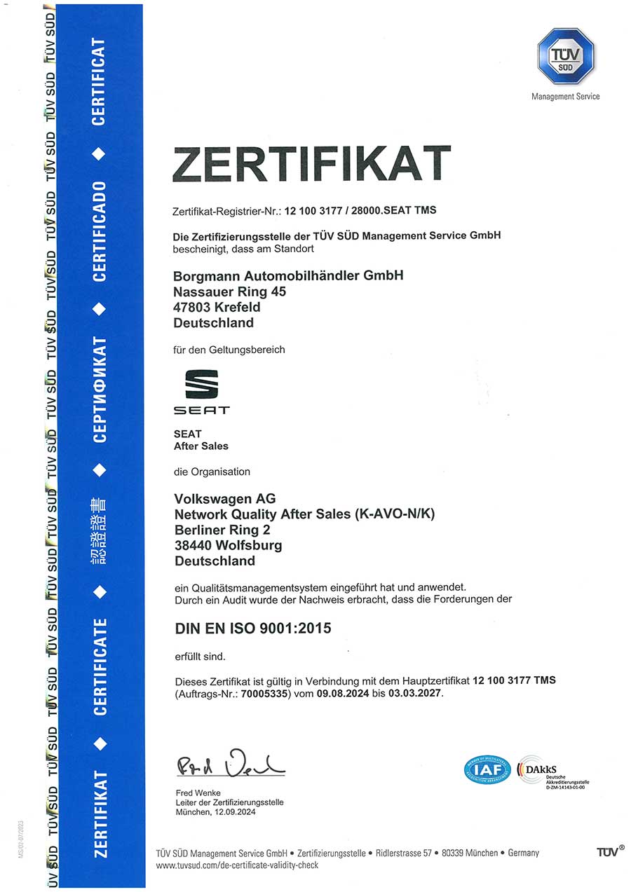 ISO-Zertifikat Seat und Cupra Service ISO-Zertifikat Seat und Cupra Service