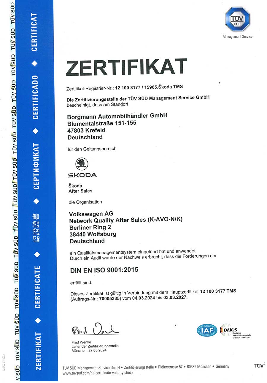 ISO-Zertifikat Skoda Service ISO-Zertifikat Skoda Service