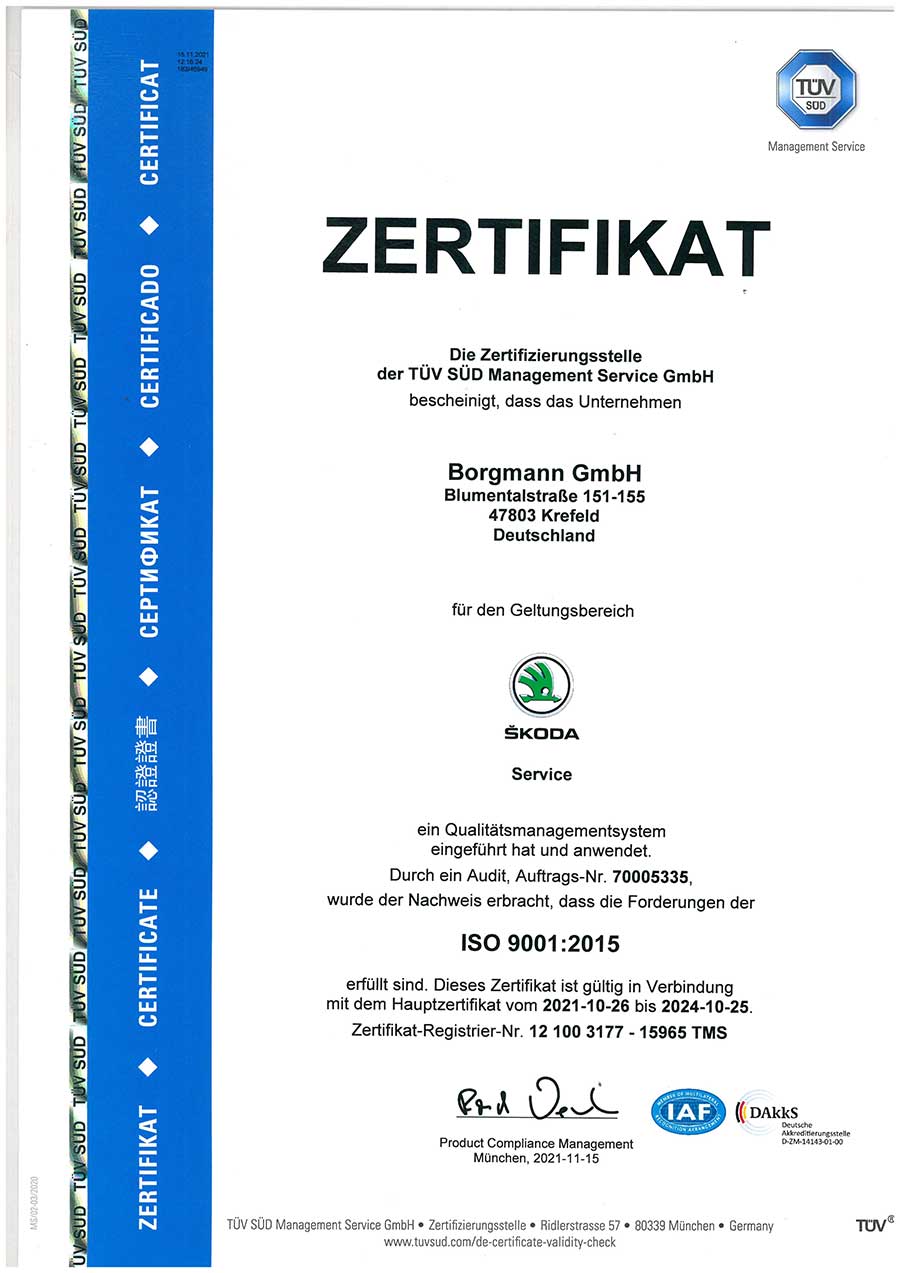 ISO-Zertifikat Skoda Service ISO-Zertifikat Skoda Service