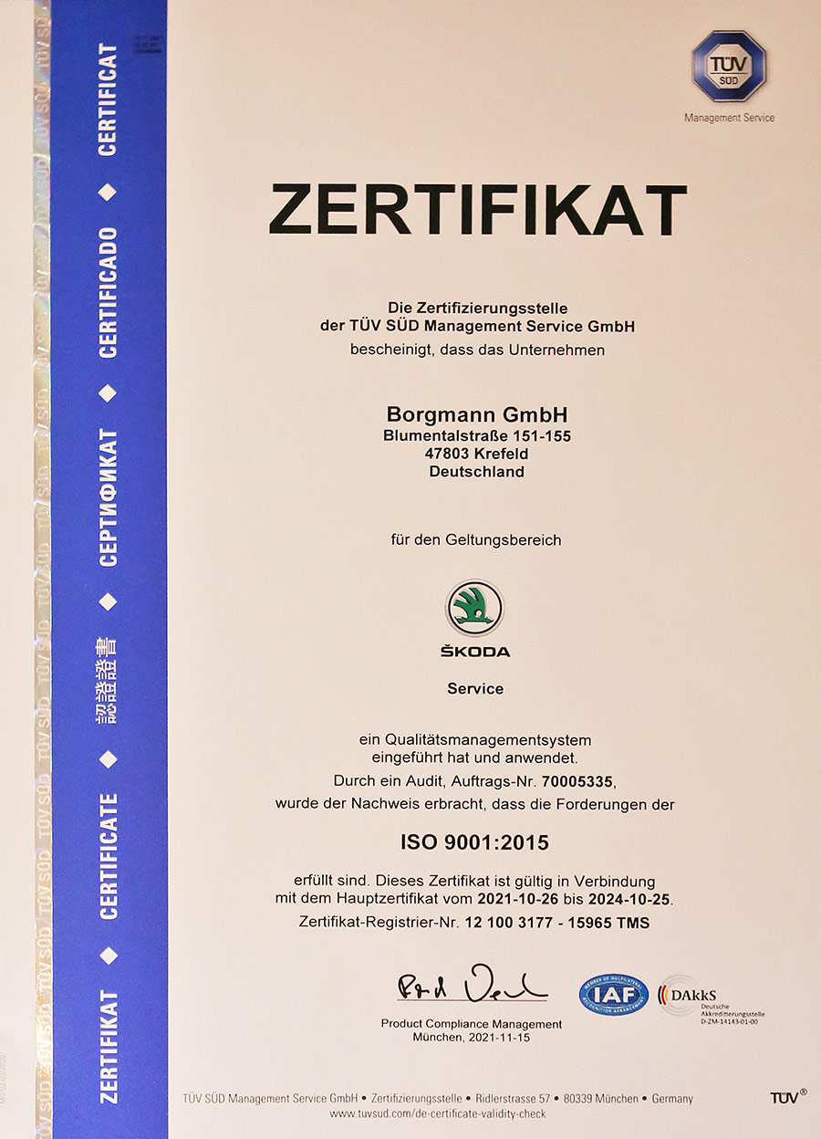 Zertifikat ISO Skoda Borgmann Krefeld