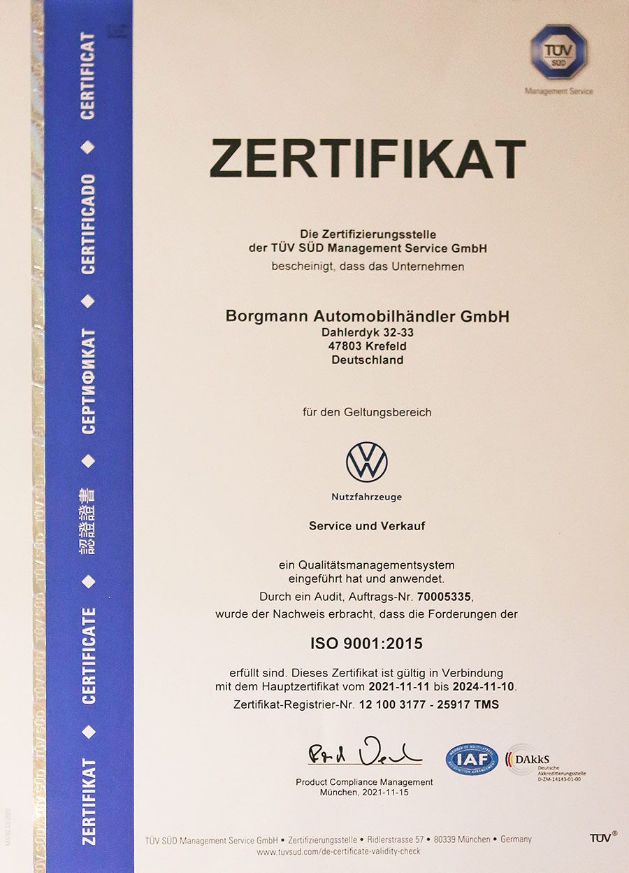 Zertifikat ISO Volkswagen Nutzfahrzeuge Borgmann Krefeld