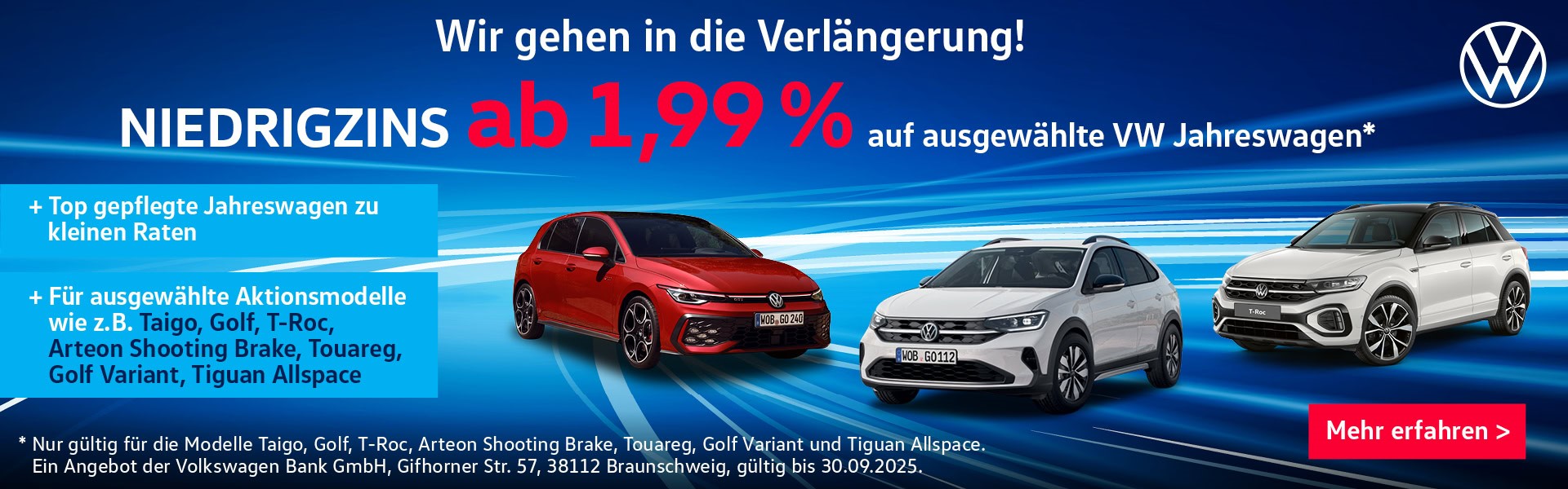Niedrigzins ab 1,99% auf ausgewählte VW Jahreswagen