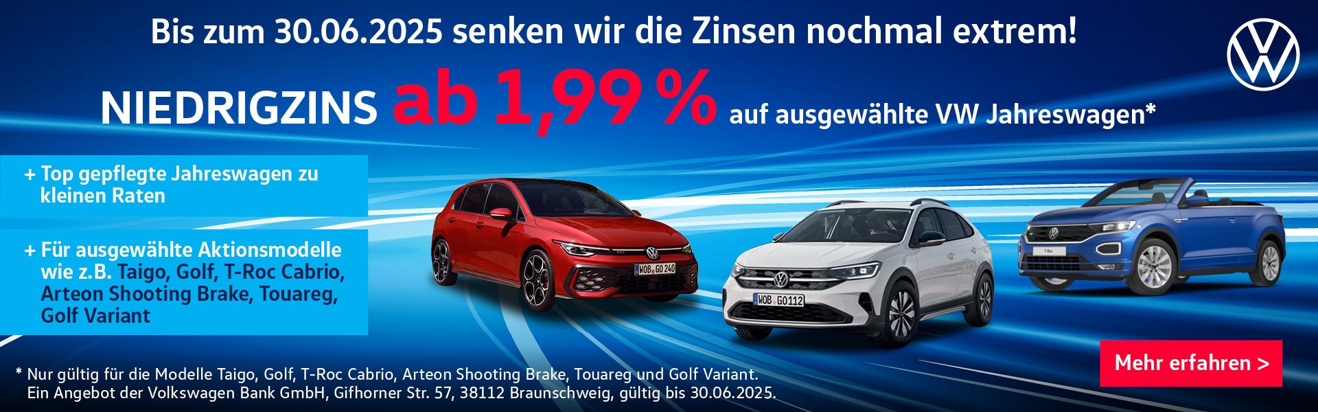 Niedrigzins ab 1,99% auf ausgewählte VW Jahreswagen